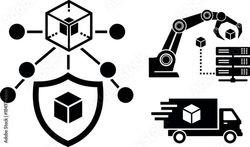 Black and white flat design blockchain network connected cubes with robotic arm loading server and delivery truck shipping cube