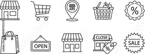 Set of Shopping and Retail Outline Icons, Including Storefront, Cart, Basket, Bag, Open Close Sign, Location Pin, Percentage Discount, and Sale Badge, E-commerce Vector Graphics.