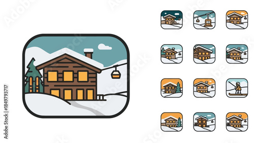 Cabin House Icon Set Winter Landscape.