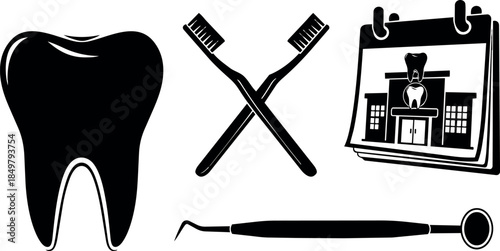 Black and white dental tooth icon crossed toothbrush calendar with clinic building and dental mirror vector illustration set