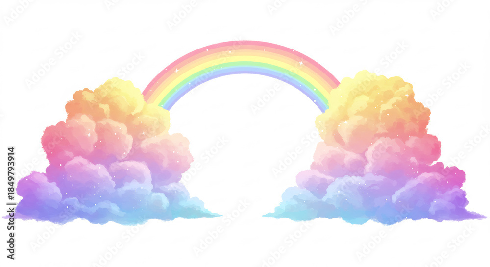 Fototapeta premium Arc-en-ciel vibrant aux couleurs pastel se pose delicatement sur nuages cotonneux creant une ambiance reveuse et douce. AI Generated
