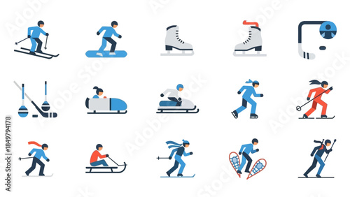 Collection of Winter Sports Icons and Characters.