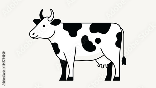 Black and White Cow Illustration Side View.