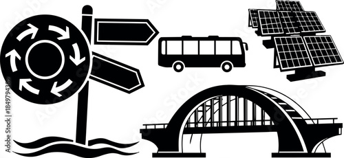 Black silhouette vector art showing roundabout sign with arrows plus directional signs bus solar panels and arched bridge side view minimalistic style