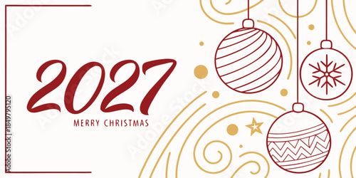 2027 Merry Christmas Illustration | Red & Gold Ornament Holiday Design with Stars & Swirls | Modern Festive Artwork for Cards, Prints & Digital Greetings