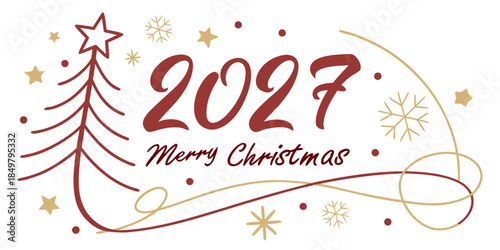 2027 Merry Christmas Illustration | Elegant Line‑Art Christmas Tree with Stars & Snowflakes | Modern Holiday Artwork for Cards, Prints & Digital Greetings