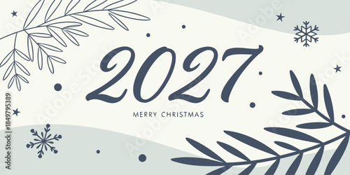 2027 Merry Christmas Illustration | Elegant Botanical Holiday Artwork with Leaves & Snowflakes | Modern Winter Design for Cards, Prints & Digital Greetings