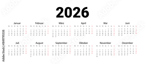 Germany 2026 calendar template. Full months for wall calendar. Vector design template start from monday. isolated wall background.