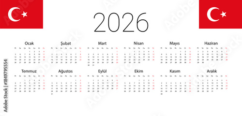Full months for wall calendar. Turkish 2026 calendar. Vector illustration design template start from Monday. isolated wall background.