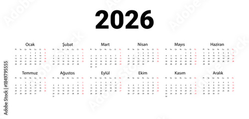 Vector illustration design template start from monday. isolated wall background. Turkish 2026 calendar. Full months for wall calendar.
