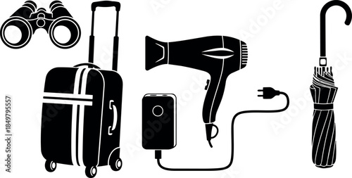 Black silhouette travel essentials flat design including binoculars luggage hairdryer phone charger and umbrella icon set