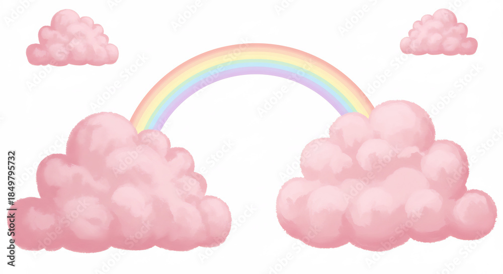 Obraz premium Vif arc-en-ciel color� s'�tirant gracieusement entre des nuages roses moelleux illustration douce design onirique enfantin. AI Generated
