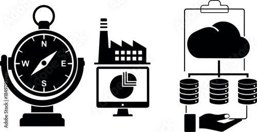 Black and white simple icons compass industrial factory data cloud computing storage technology set