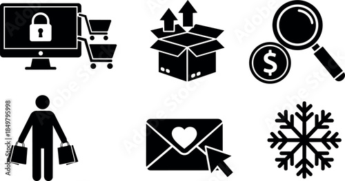 Black shopping and security icons set computer lock cart package mail snowflake person holding bags money search magnifying glass