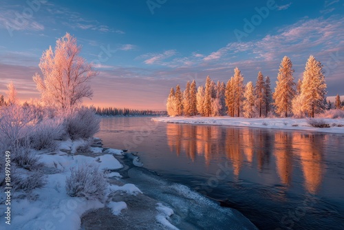 Snowy forest panorama at sunset along a frozen waterway, blue sky and tranquil reflections