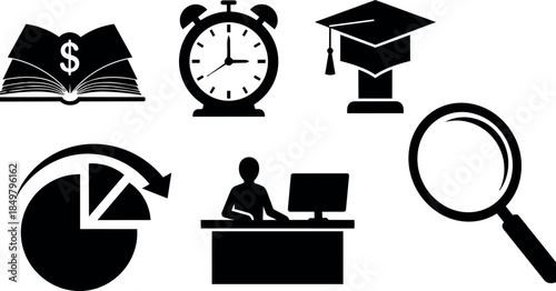 Simple black office business icons collection with money book clock graduation pie chart desk and magnifier vector illustration