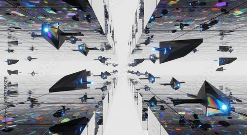 Abstract geometric shapes in a mirrored space, creating an infinite perspective.