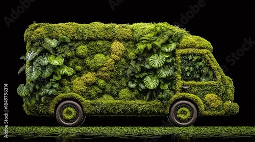 A truck covered entirely in lush green vegetation, showcasing mosses and leafy plants. The tires and ground also boast a vibrant green cover, set against a stark black background.