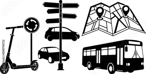 Black silhouette icons of electric scooter, cars, directional signpost, roundabout sign, bus, and folded map with location pins