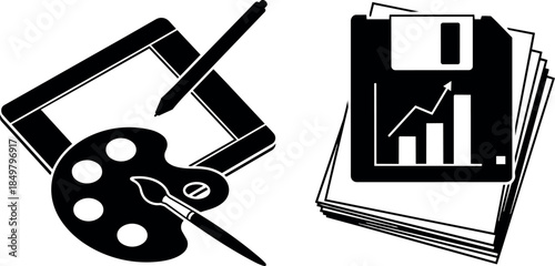 Black and white flat design graphic tablet with paint palette and pen next to stack of floppy disks with graph icons