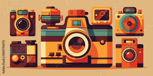 Retro vintage camera vector illustration featuring a classic film photography design with a lens and flash icon symbol for digital technology equipment