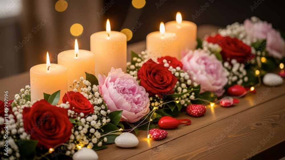 Obraz premium Romantic Table Setting with Candles and Flowers for a Special Occasion.