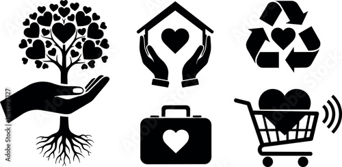 Black flat design icons set with hands holding heart tree protection home recycle heart shopping cart communication symbols