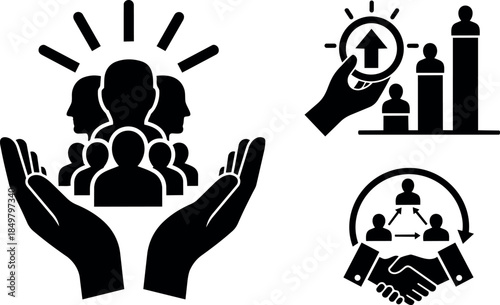 Flat design vector icons showing group care hands protecting people connection and teamwork trust concept illustration