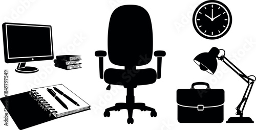Black silhouette office chair desk lamp briefcase desktop computer spiral notebook and clock vector icons set