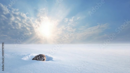 Curious groundhog emerging from snowy burrow under bright sunlight on a clear winter day - groundhog day concept