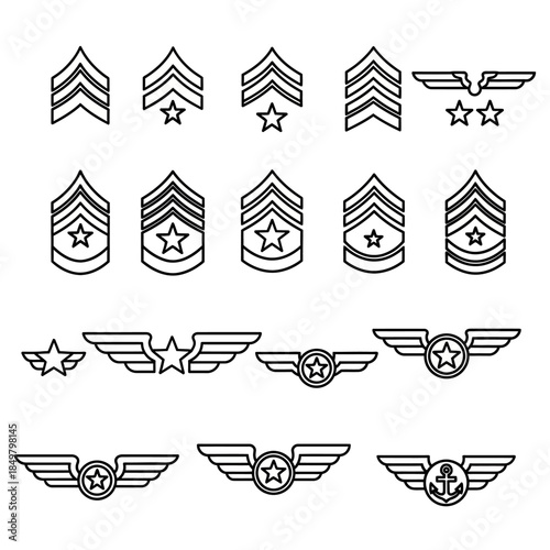 Line Art: Military insignia badges arranged in a grid featuring various ranks and symbols