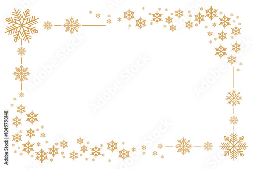Elegant golden snowflake border frame on white background, minimalist winter and Christmas themed template ideal for greeting cards, invitations, holiday banners, posters and festive seasonal designs.