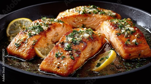 Succulent salmon fillets, golden-brown and glistening, served in a cast iron pan with fresh lemon wedges and herb butter sauce. A culinary delight ready to be savored.