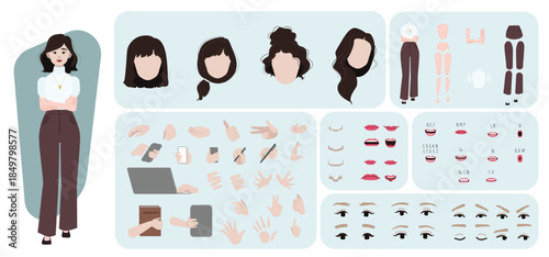 Business woman avatar creation suitable for animation. Generator, constructor of diverse views of eyes, lips, emotion expressions mouth animation and lip sync. Girl character face and body move.
