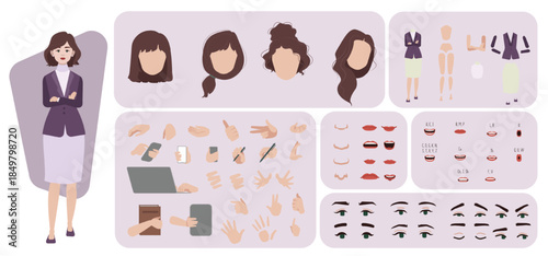 Business woman avatar creation suitable for animation. Generator, constructor of diverse views of eyes, lips, emotion expressions mouth animation and lip sync. Girl character face and body move.