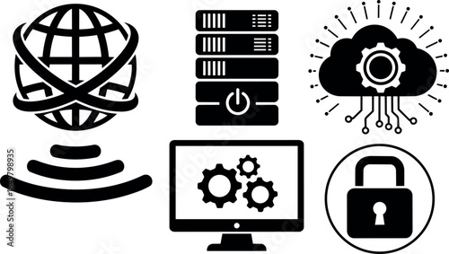 Black and white flat design icons of globe with network wifi cloud server computer settings security padlock
