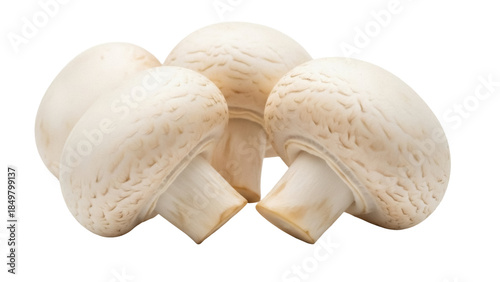 Isolated group of fresh edible button mushrooms ready to eat, uncooked, vegetarian