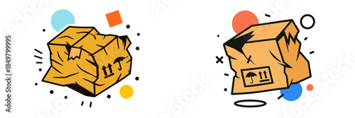 Vector illustrations of crumpled cardboard boxes on white