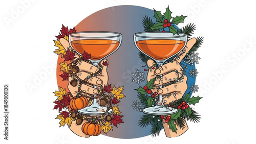 Seasonal Cocktail Illustration, Autumn and Winter Drinks, Holiday Cheer, Festive Beverages, Two Hands Holding Glasses