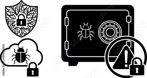 Black and white flat design cybersecurity shield lock safe bug alert icon set vector