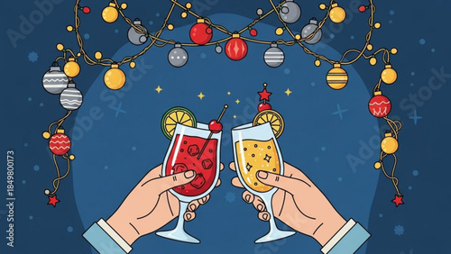 Festive Cheers Holiday Toast Glasses with Christmas Ornaments and Sparkling Decor
