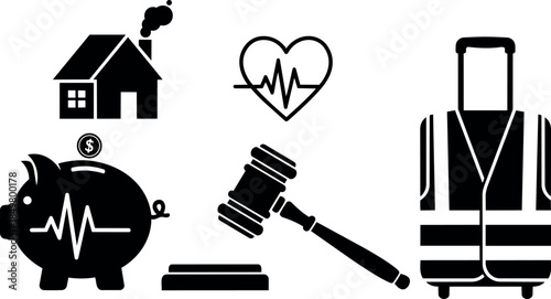 Black and white icon set including house with chimney, heart pulse, piggy bank with heartbeat, judge gavel, and safety vest vector art