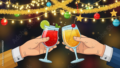 Holiday Cheer Celebration with Two Colorful Cocktails and Festive Lights