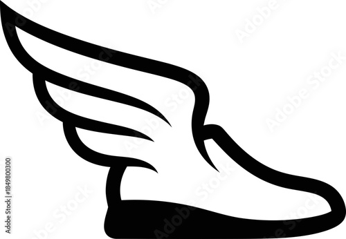 Winged shoe vector icon in simple flat outline black and white style, depicting speed, movement, and quickness, for sports, activity, and travel
