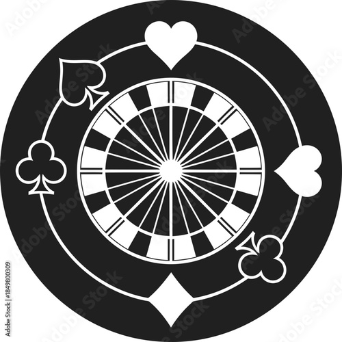 Round dartboard target with poker suit icon concept for casino gaming, gambling, entertainment, board game competition. Vector illustration