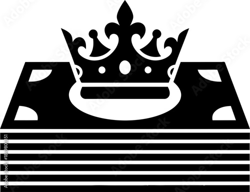 Crown on money stack concept. Financial success, wealth, and power symbol. Black and white monochrome vector icon for business or finance design