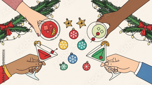 Holiday Cheer: Diverse Friends Celebrating Christmas with Colorful Cocktails and Ornaments