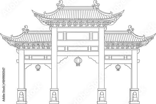 Traditional chinese gate or torii archway. Asian architectural design element icon or illustration for travel, culture, new year concept. Vector outline
