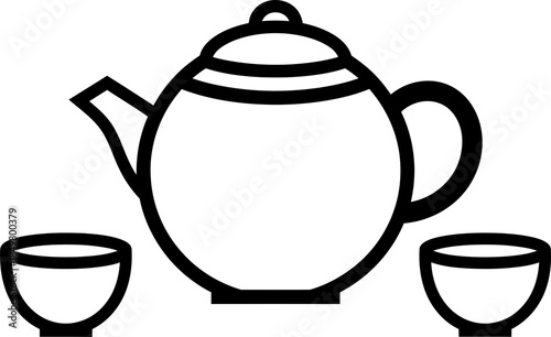 Black outlined teapot with two teacups. Traditional tea ceremony concept. Simple black and white style. Vector illustration for icon and symbol design