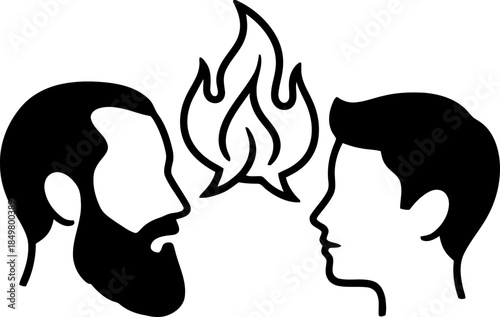 Facing male and female head with fire between them, concept of hot discussion, argument, dispute. Vector illustration of conflict icon